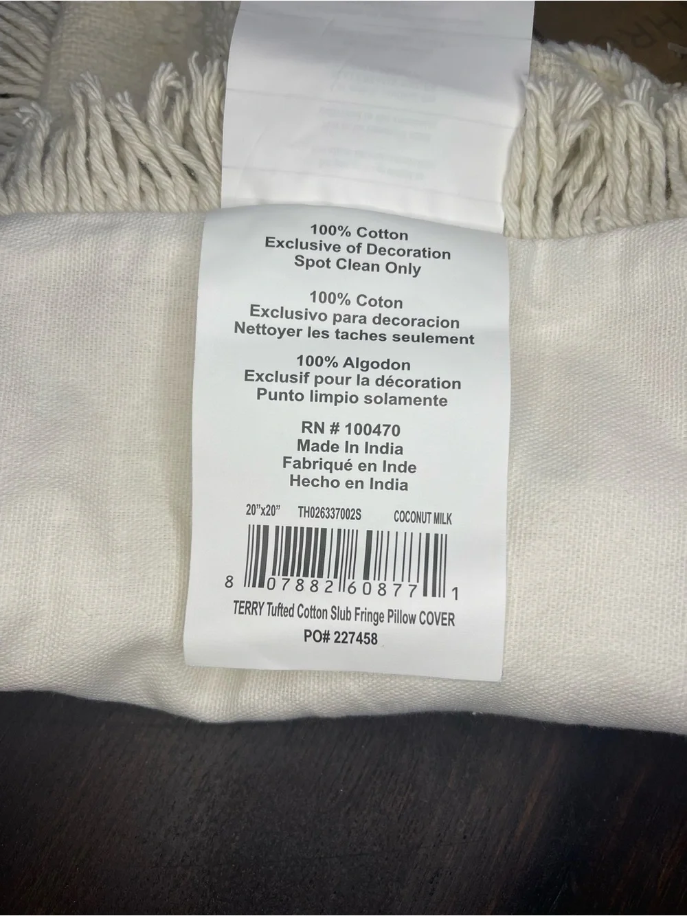 Thro home Marlo Lorenz 20x20” Ivory Terry Tufted Cotton Slub Fringe Pillow Cover